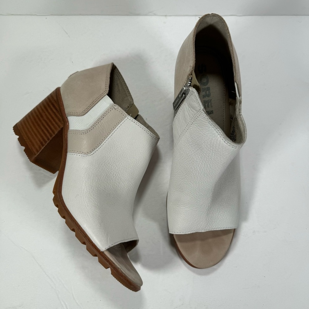 Sorel Nadia Off White Leather Peep Toe Ankle Booties Women’s Size 9.5